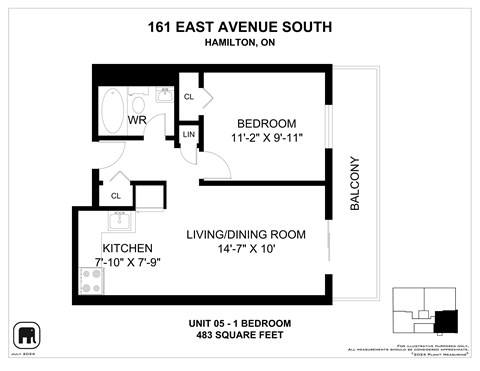 A floor plan for a unit at 161 East Avenue South in Hamilton, ON, showing a bedroom, living/dining room, and kitchen.